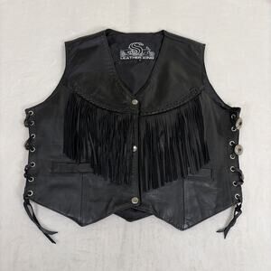 Leather King Black Leather Fringe /Braided Side Hardware Western Vest Women Sz L